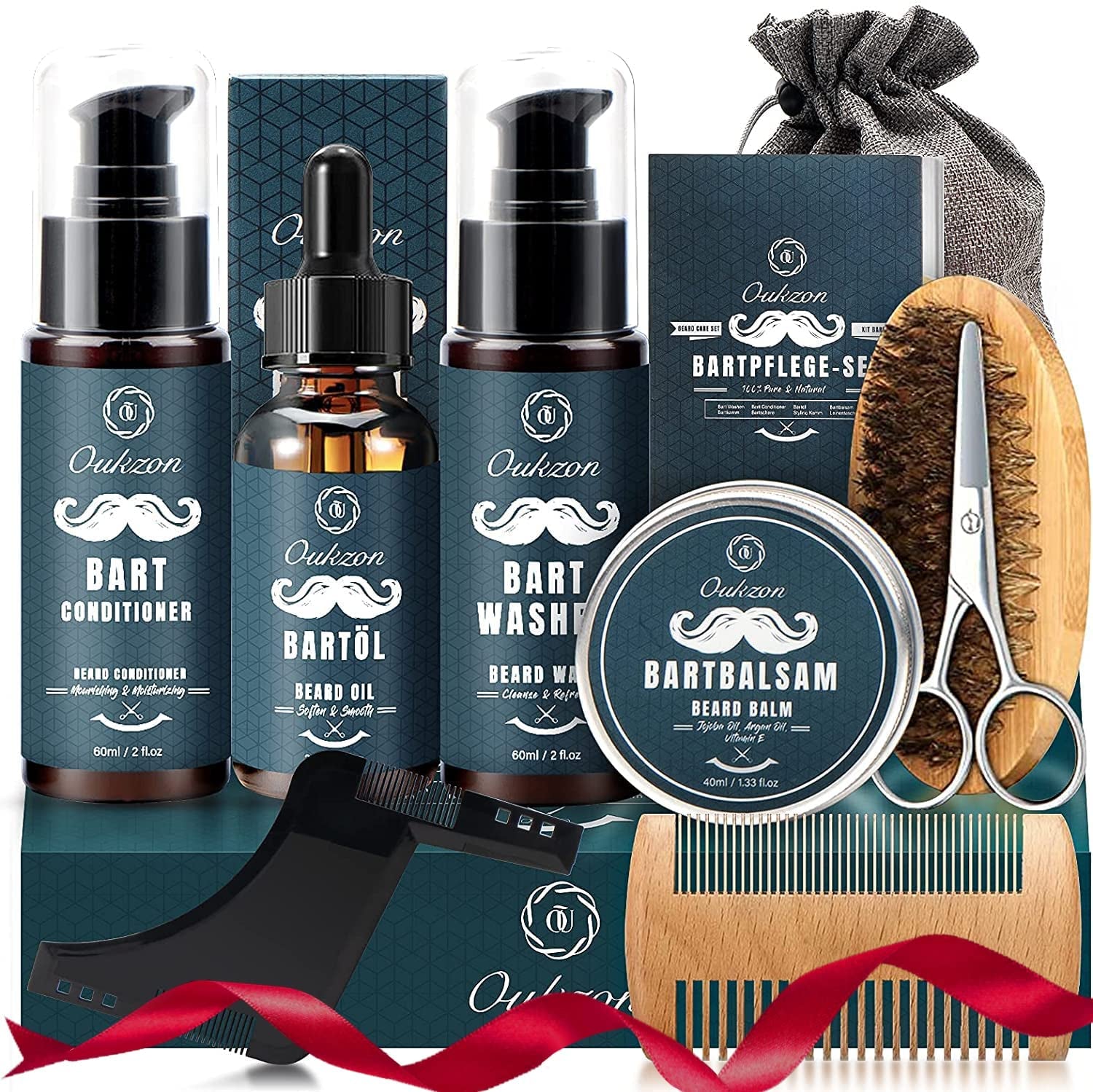 Kit Soins Barbe Homm,  10 En 1 Coffret Cadeau Pousse Barbe Complet Professionnel Avec Shampoing Barbe, Conditionneur, Huile Barbe, Baume, Barbe Peigne, Brosse, Ciseaux, Peigne Pochoir Sac Voyage